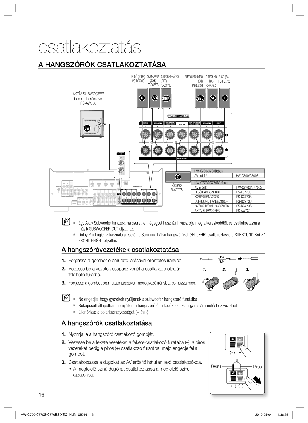 Samsung HW-C700/EDC manual Hangszórók Csatlakoztatása, Hangszóróvezetékek csatlakoztatása, Hangszórók csatlakoztatása 