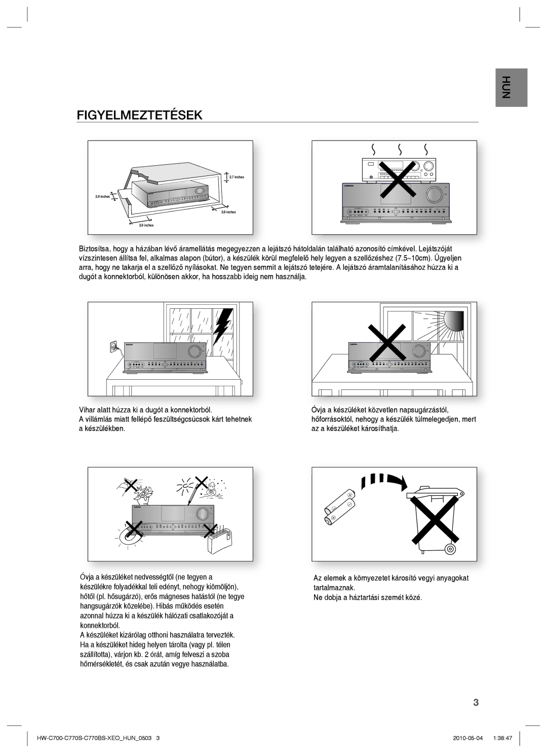 Samsung HW-C700/XAA, HW-C700/EDC, HW-C770S/EDC, HW-C700B/XEE manual Figyelmeztetések 