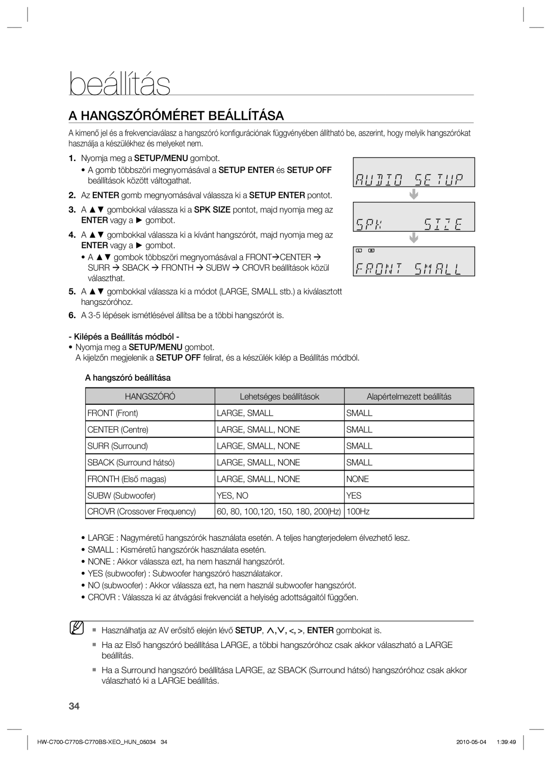 Samsung HW-C700B/XEE, HW-C700/EDC, HW-C770S/EDC, HW-C700/XAA manual Hangszóróméret Beállítása 