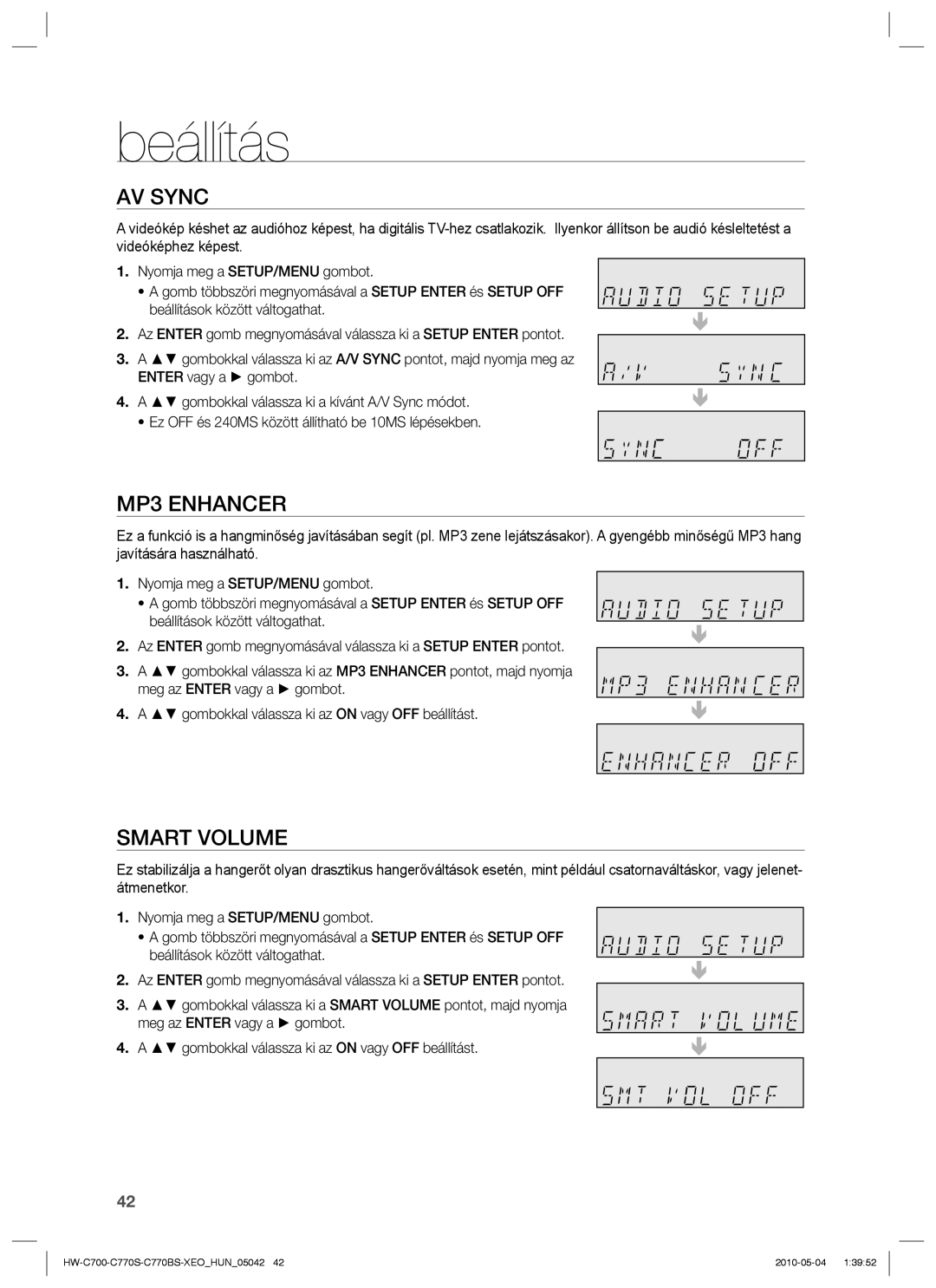 Samsung HW-C700B/XEE, HW-C700/EDC, HW-C770S/EDC, HW-C700/XAA manual AV Sync, MP3 Enhancer, Smart Volume 