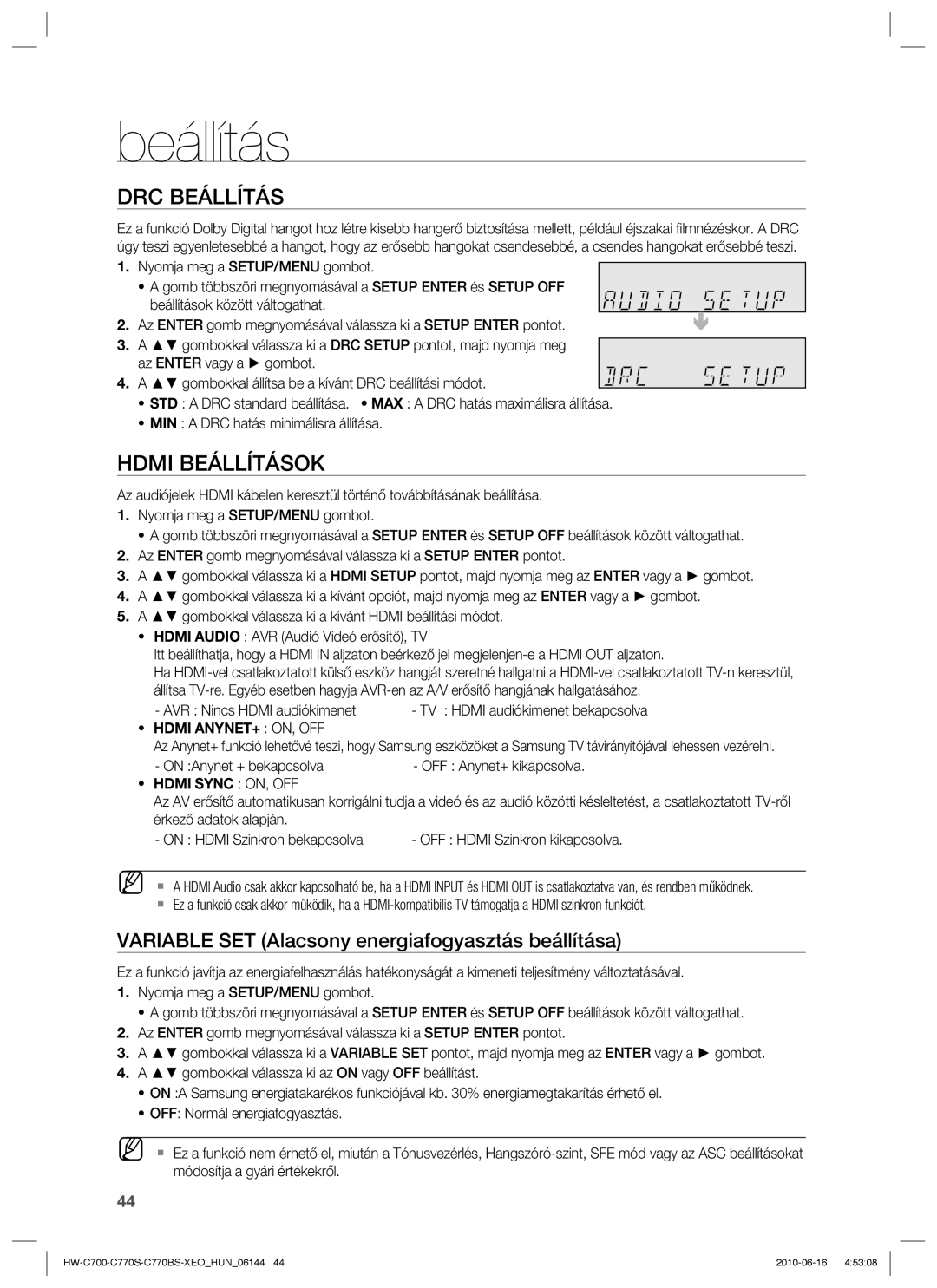 Samsung HW-C700/EDC, HW-C770S/EDC manual DRC Beállítás, Hdmi Beállítások, Variable SET Alacsony energiafogyasztás beállítása 