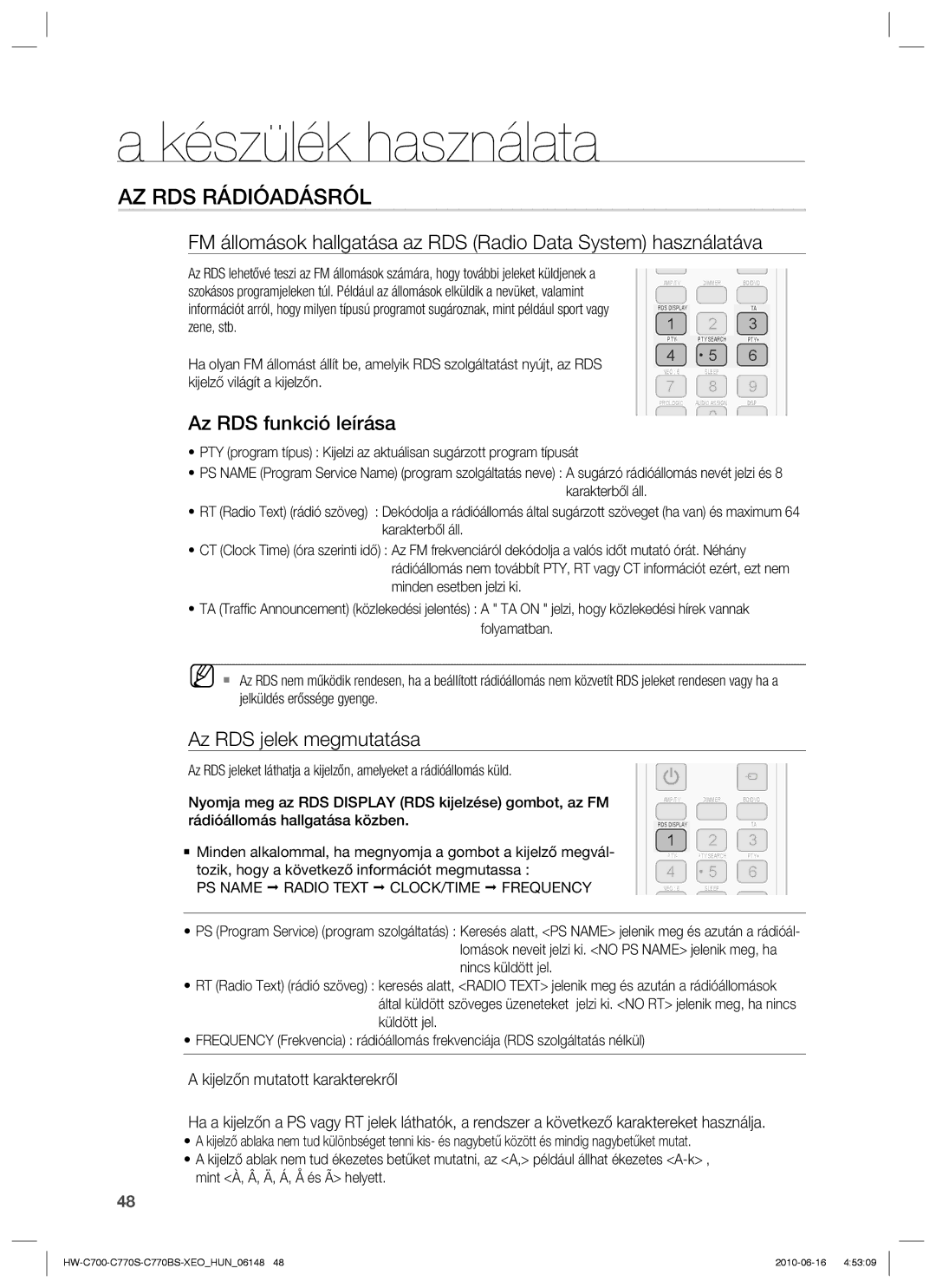 Samsung HW-C700/EDC, HW-C770S/EDC, HW-C700B/XEE manual AZ RDS Rádióadásról, Az RDS funkció leírása, Az RDS jelek megmutatása 