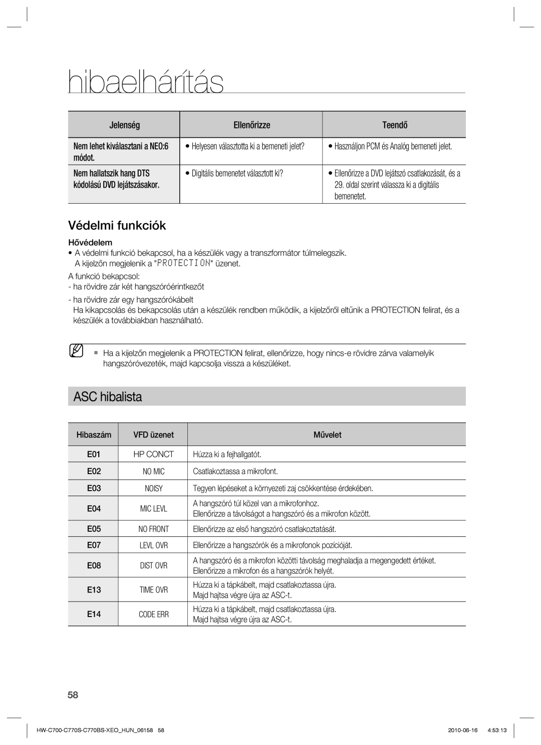 Samsung HW-C700B/XEE, HW-C700/EDC, HW-C770S/EDC, HW-C700/XAA manual Védelmi funkciók, Módot Nem hallatszik hang DTS 