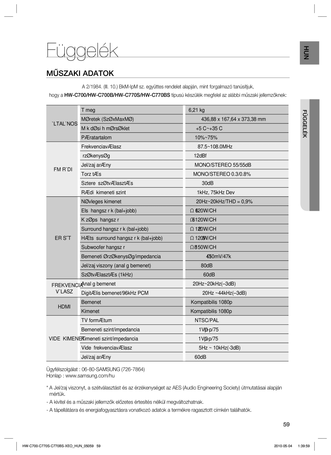 Samsung HW-C700/XAA, HW-C700/EDC, HW-C770S/EDC, HW-C700B/XEE manual Függelék, Műszaki Adatok, Válasz, Ntsc/Pal 