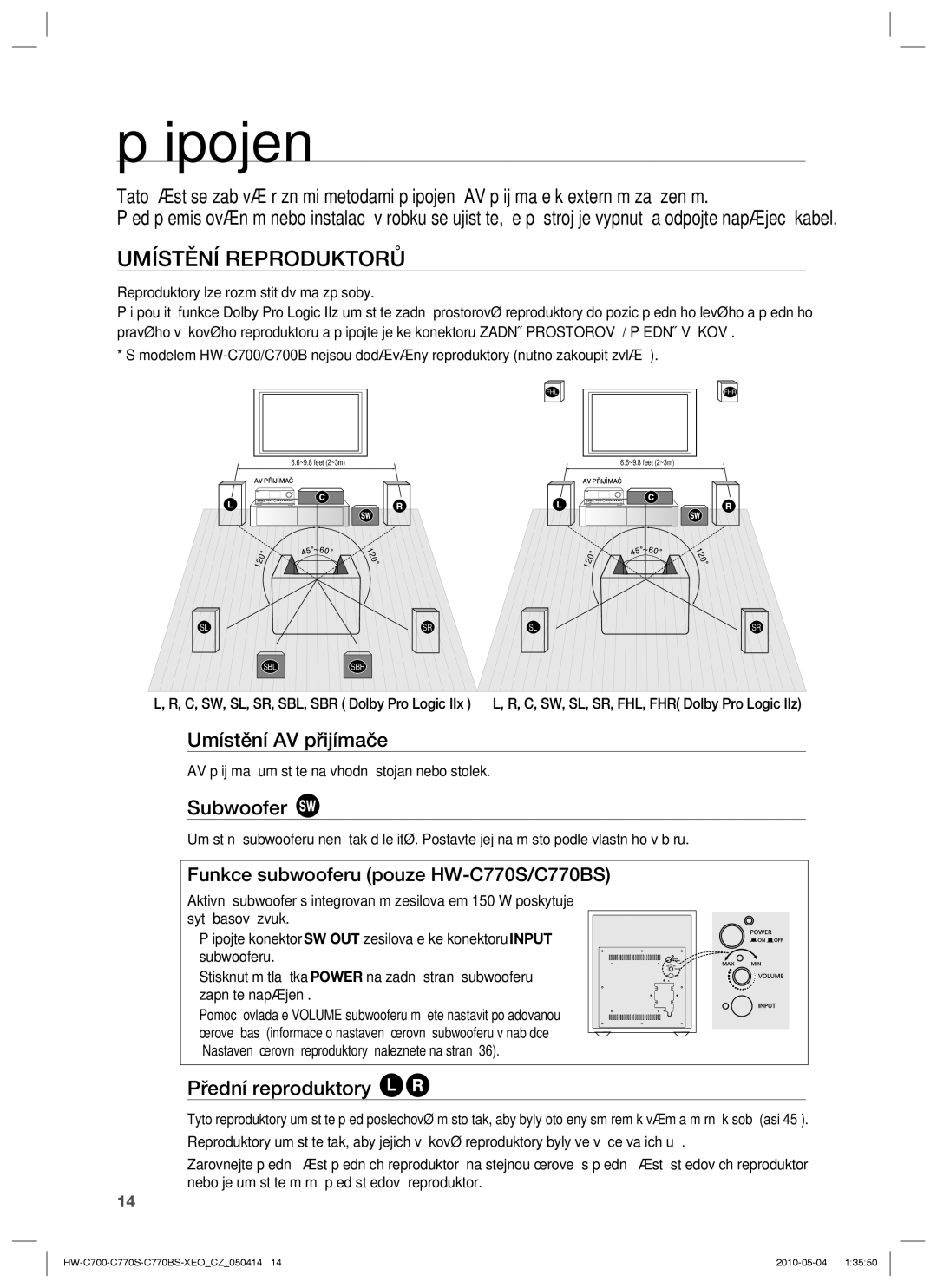 Samsung HW-C770S/XEE, HW-C700/EDC Připojení, Umístění Reproduktorů, Umístění AV přijímače, Subwoofer, Přední reproduktory 