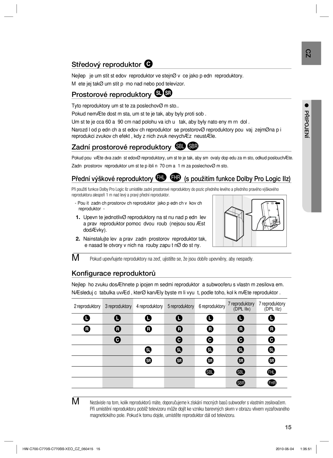 Samsung HW-C700/EDC manual Středový reproduktor, Prostorové reproduktory, Zadní prostorové reproduktory SBL SBR, Připojení 