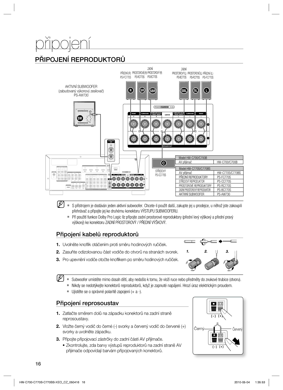 Samsung HW-C770S/EDC, HW-C700/EDC manual Připojení Reproduktorů, Připojení kabelů reproduktorů, Připojení reprosoustav 