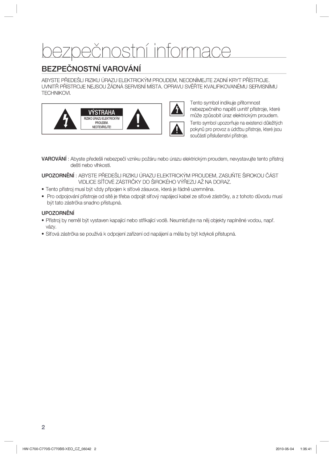 Samsung HW-C770S/XEE, HW-C700/EDC, HW-C770S/EDC manual Bezpečnostní informace, Bezpečnostní Varování, Upozornění 