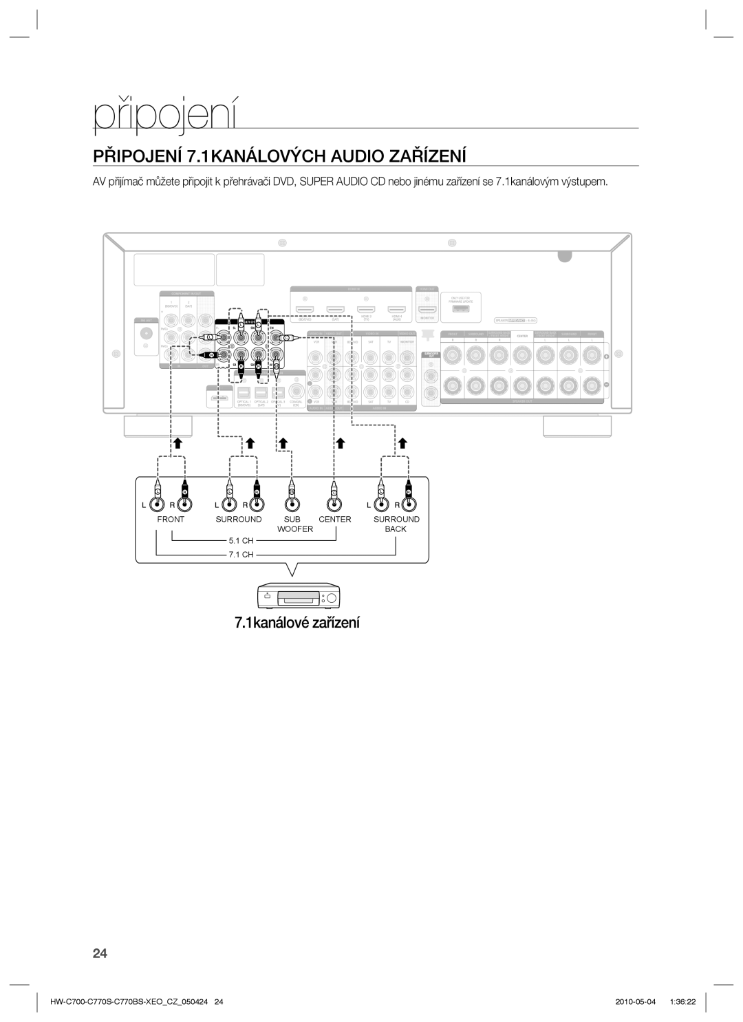 Samsung HW-C700/EDC, HW-C770S/EDC, HW-C770S/XEE manual Připojení 7.1KANÁLOVÝCH Audio Zařízení, 1kanálové zařízení 