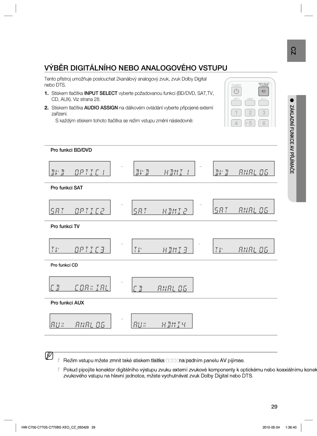 Samsung HW-C770S/XEE manual Výběr Digitálního Nebo Analogového Vstupu, Pro funkci BD/DVD Pro funkci SAT Pro funkci TV 