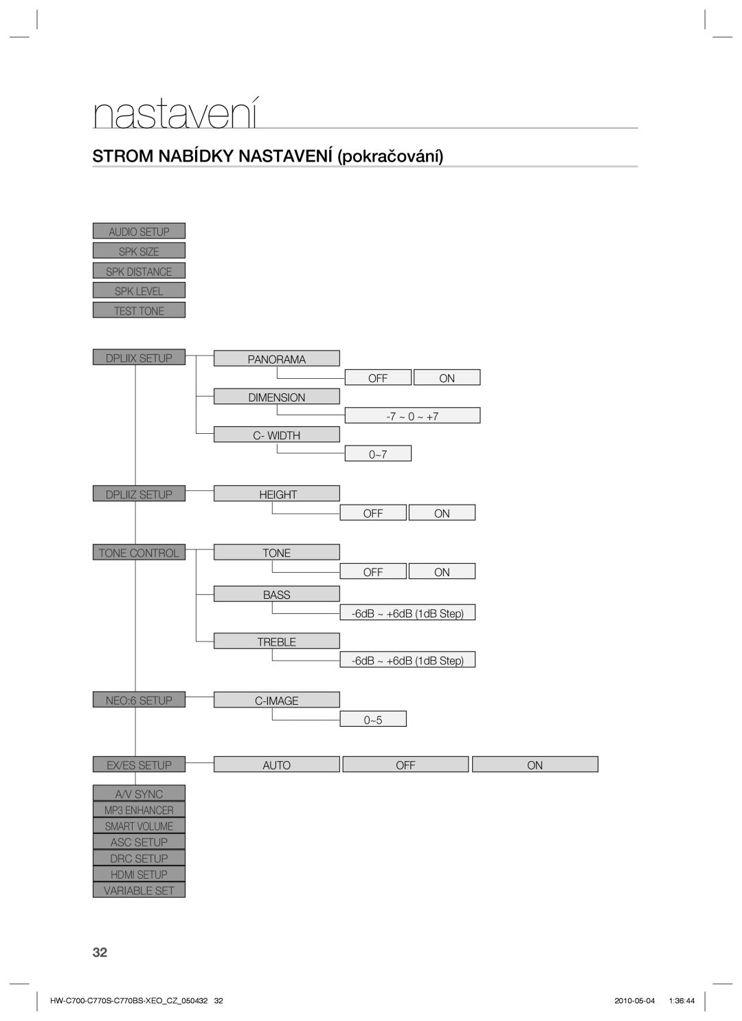 Samsung HW-C770S/XEE, HW-C700/EDC, HW-C770S/EDC manual Panorama Dimension Width Height Tone Bass Treble Image OFF 