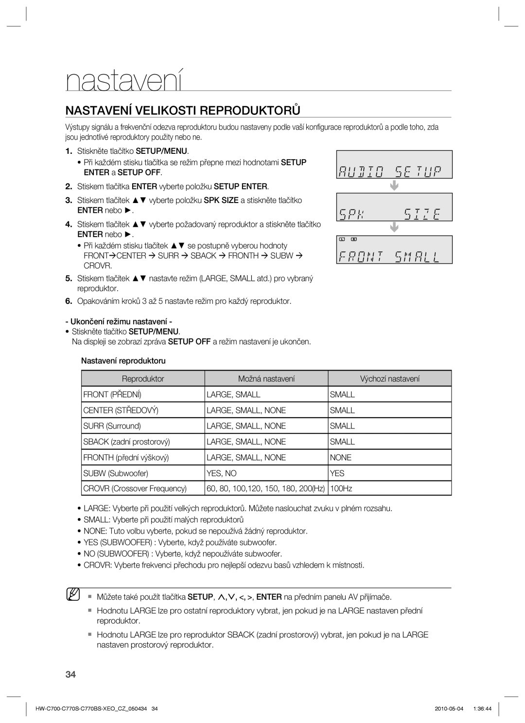 Samsung HW-C770S/EDC manual Nastavení Velikosti Reproduktorů, Frontæcenter Æ Surr Æ Sback Æ Fronth Æ Subw Æ Crovr, YES, no 