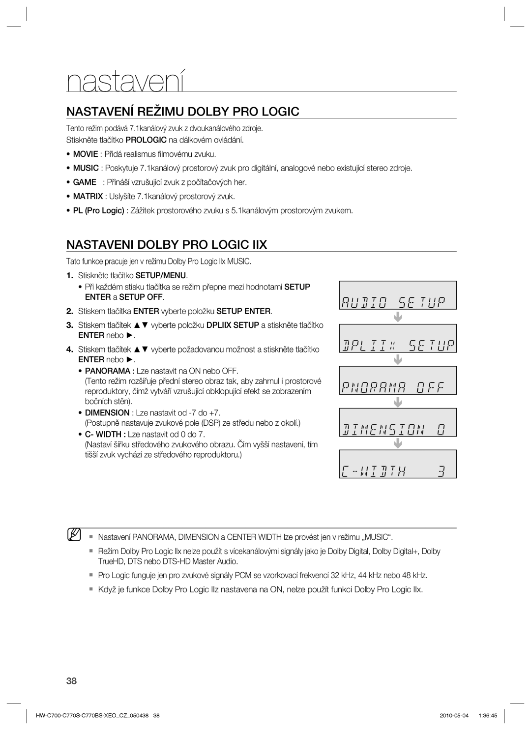 Samsung HW-C770S/XEE, HW-C700/EDC, HW-C770S/EDC manual Nastavení Režimu Dolby PRO Logic, Nastaveni Dolby PRO Logic 