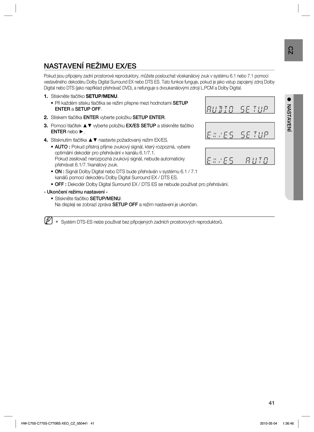 Samsung HW-C770S/XEE, HW-C700/EDC, HW-C770S/EDC manual Nastavení Režimu EX/ES 