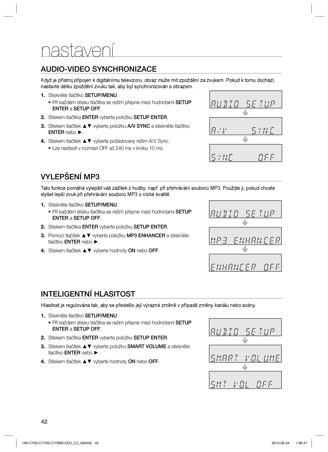 Samsung HW-C700/EDC, HW-C770S/EDC, HW-C770S/XEE manual AUDIO-VIDEO Synchronizace, Vylepšení MP3, Inteligentní Hlasitost 