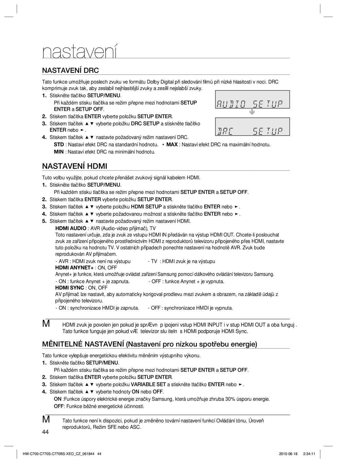 Samsung HW-C770S/XEE, HW-C700/EDC, HW-C770S/EDC Nastavení Hdmi, Měnitelné Nastavení Nastavení pro nízkou spotřebu energie 