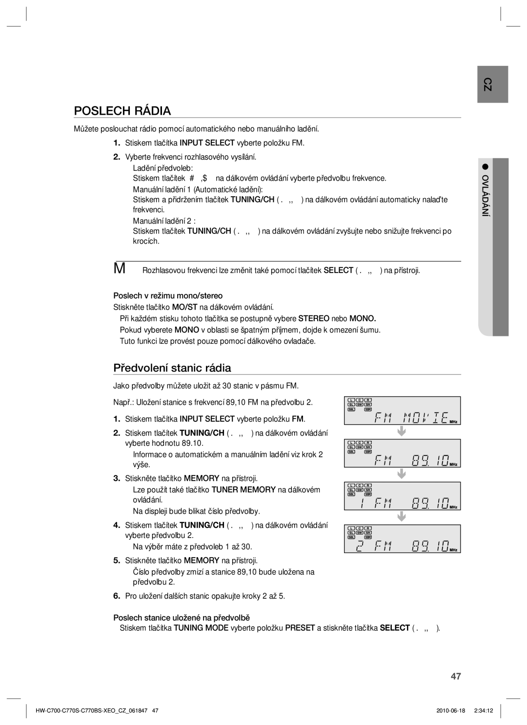 Samsung HW-C770S/XEE, HW-C700/EDC, HW-C770S/EDC manual Poslech Rádia, Předvolení stanic rádia 