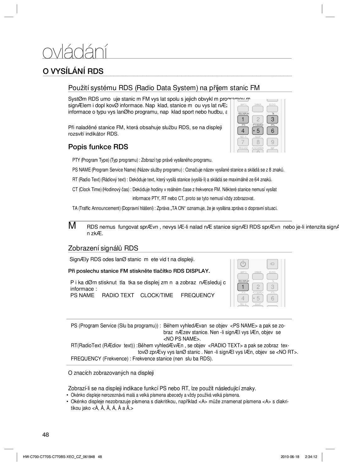 Samsung HW-C700/EDC manual Vysílání RDS, Použití systému RDS Radio Data System na příjem stanic FM, Zobrazení signálů RDS 