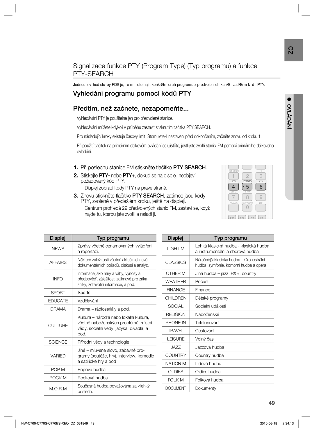 Samsung HW-C770S/EDC, HW-C700/EDC, HW-C770S/XEE manual Signalizace funkce PTY Program Type Typ programu a funkce, Pty-Search 