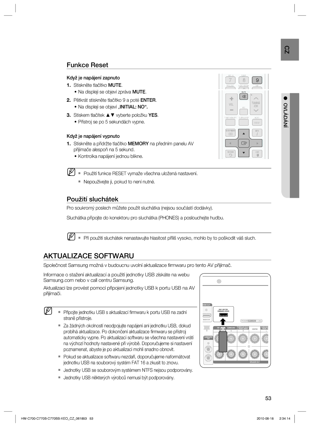 Samsung HW-C770S/XEE, HW-C700/EDC, HW-C770S/EDC manual Aktualizace Softwaru, Funkce Reset, Použití sluchátek 