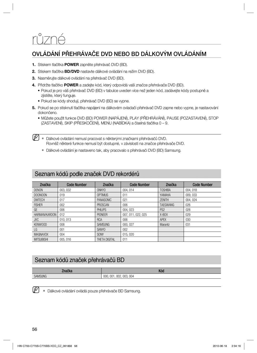 Samsung HW-C770S/XEE, HW-C700/EDC, HW-C770S/EDC manual Ovládání Přehrávače DVD Nebo BD Dálkovým Ovládáním, Značka Code Number 