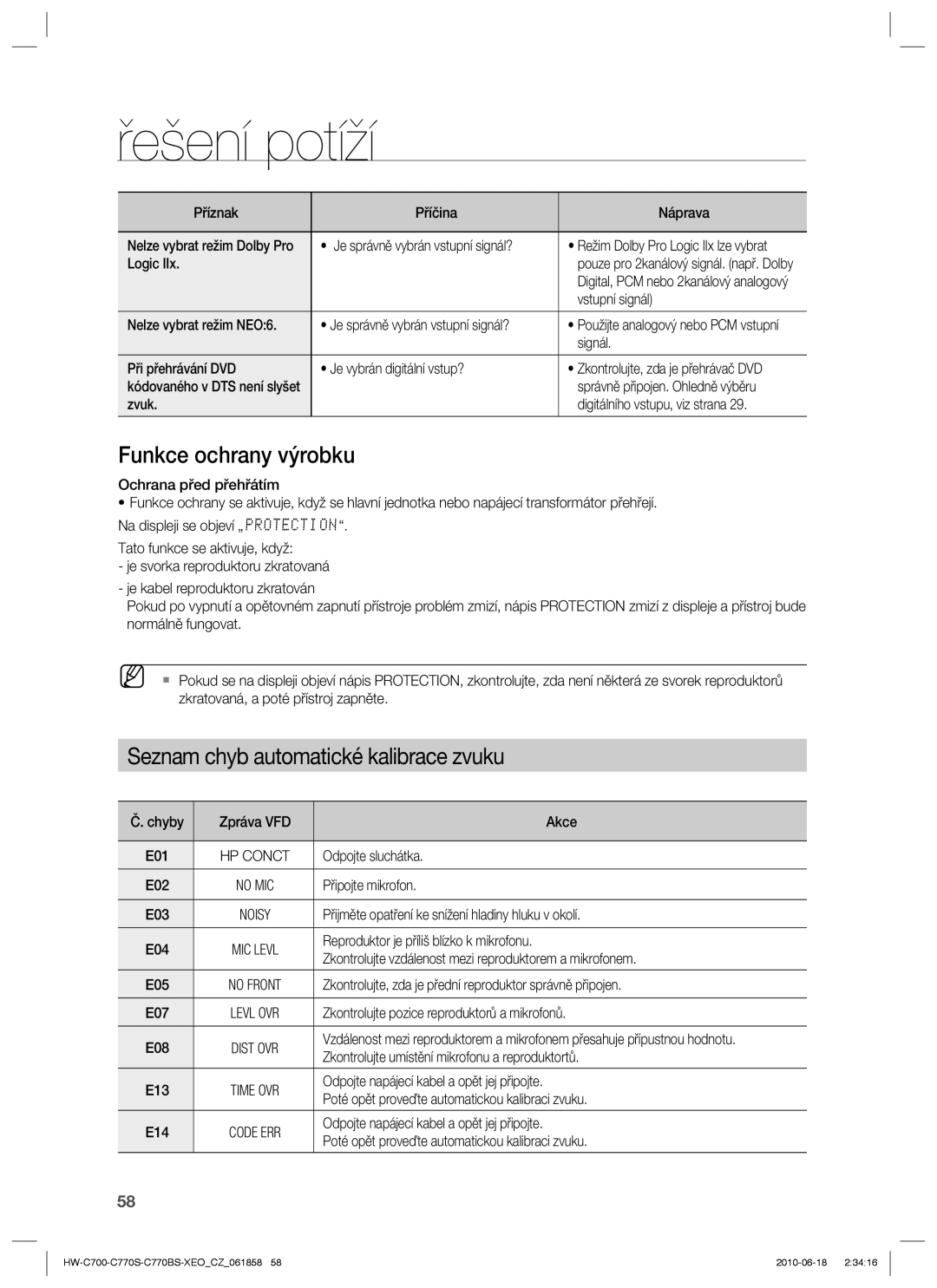 Samsung HW-C770S/EDC manual Příznak Příčina Náprava, Je správně vybrán vstupní signál?, Logic, Vstupní signál, Signál 