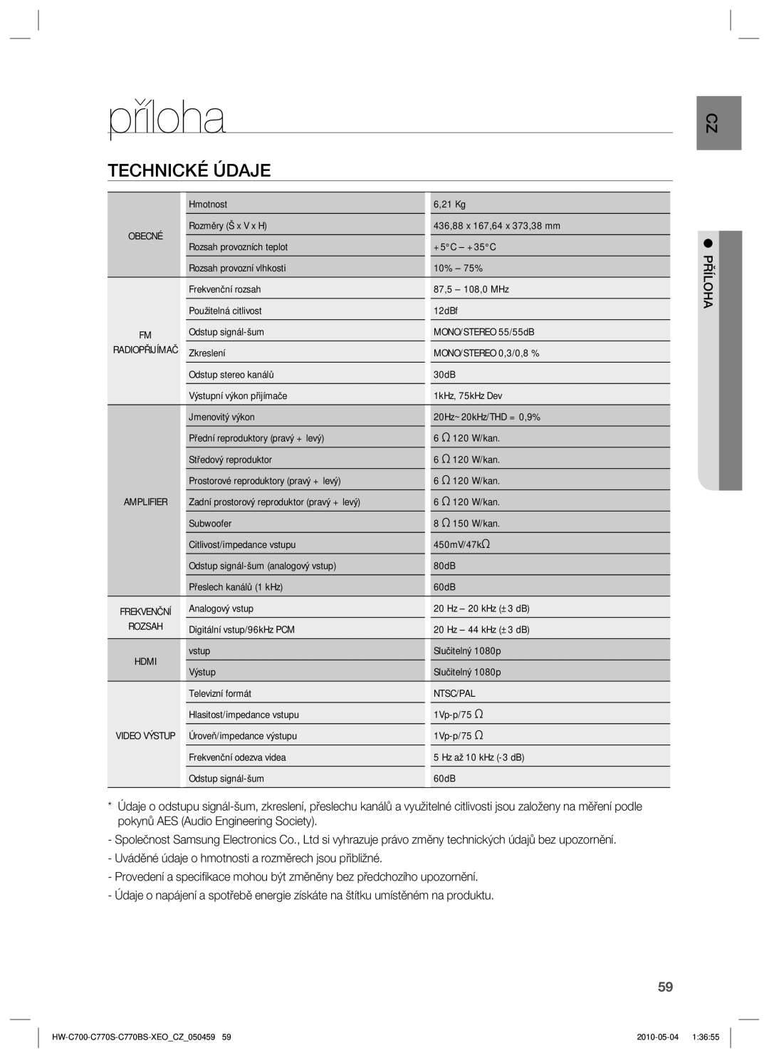 Samsung HW-C770S/XEE, HW-C700/EDC, HW-C770S/EDC manual Příloha, Technické Údaje, Rozsah, Ntsc/Pal 