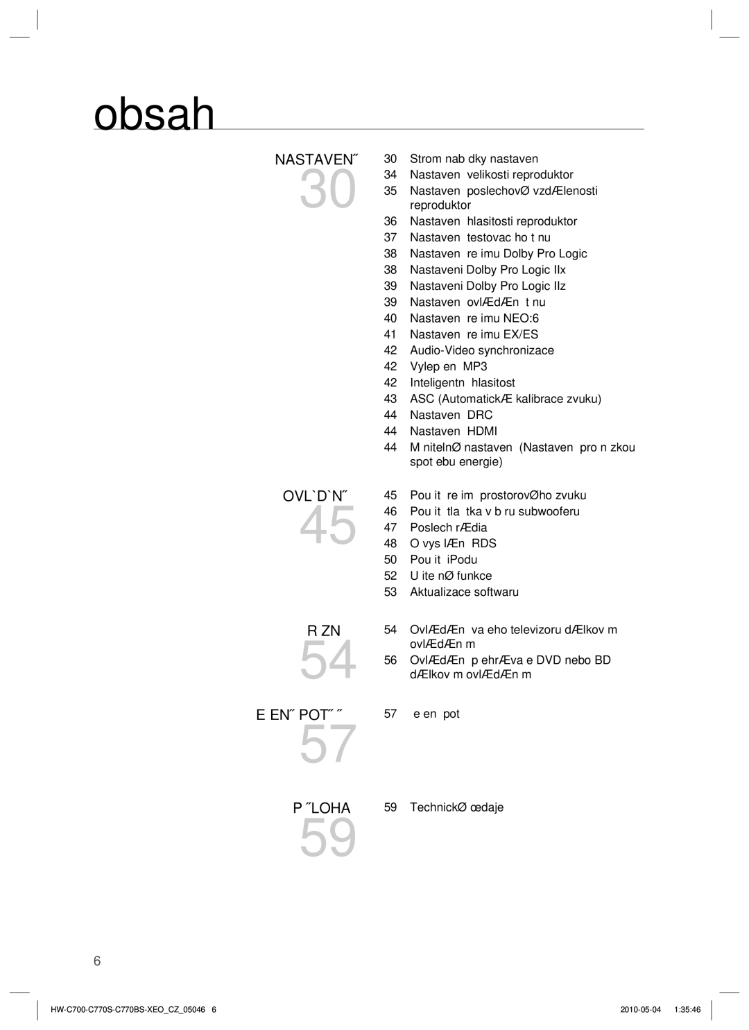 Samsung HW-C700/EDC manual Ovládáním, Ovládání přehrávače DVD nebo BD, Dálkovým ovládáním, 57 Řešení potíží Technické údaje 