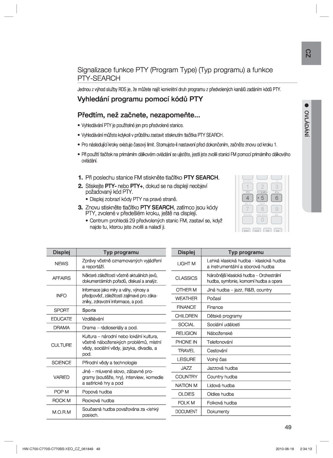 Samsung HW-C770S/EDC, HW-C700/EDC manual Signalizace funkce PTY Program Type Typ programu a funkce PTY-SEARCH, Displej 