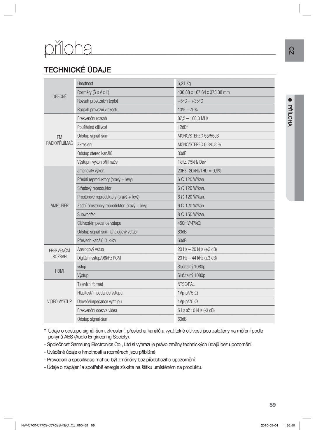 Samsung HW-C770S/XEE, HW-C700/EDC, HW-C770S/EDC manual příloha, Technické Údaje 
