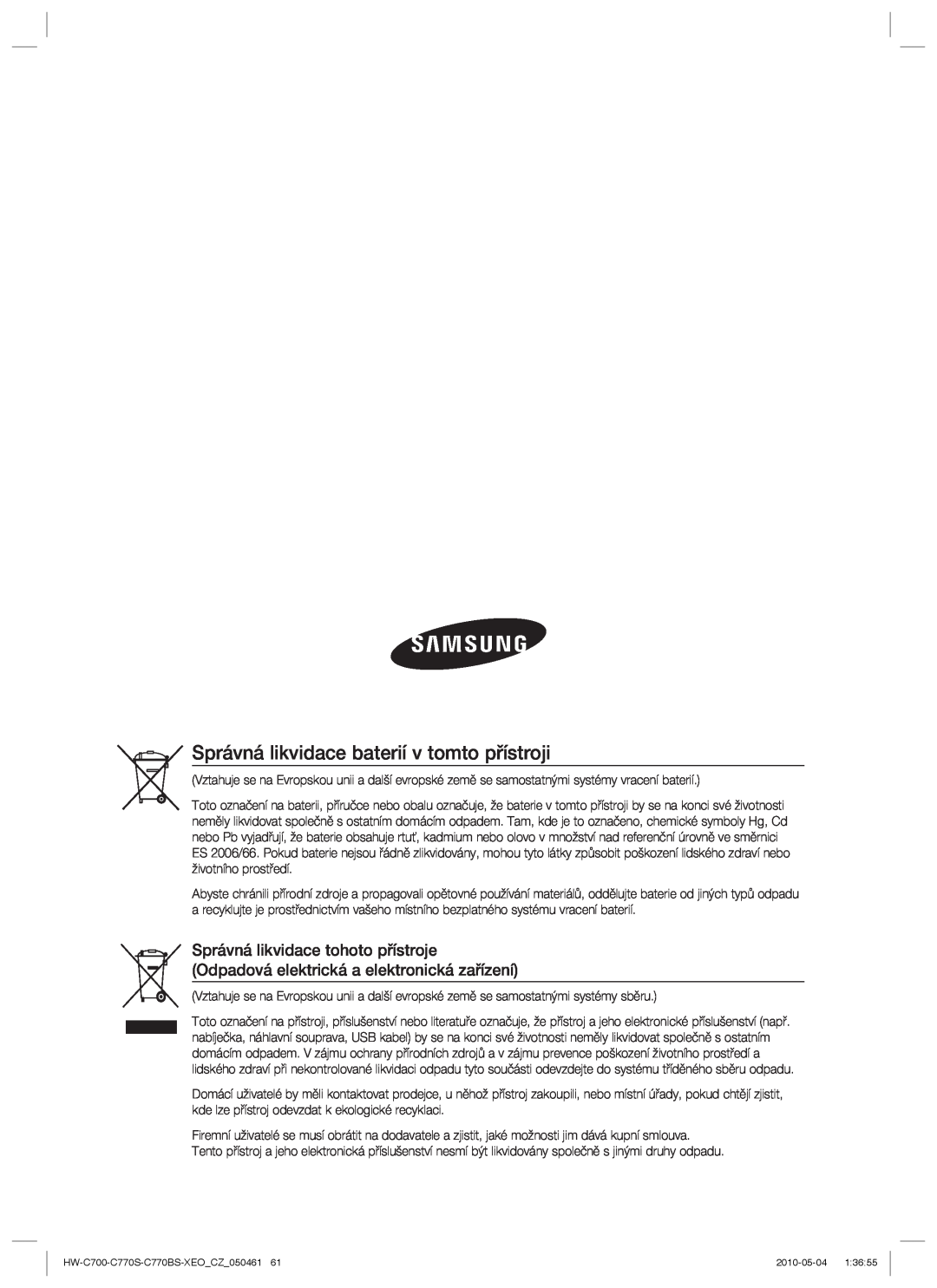 Samsung HW-C770S/EDC, HW-C700/EDC, HW-C770S/XEE manual Správná likvidace baterií v tomto přístroji 