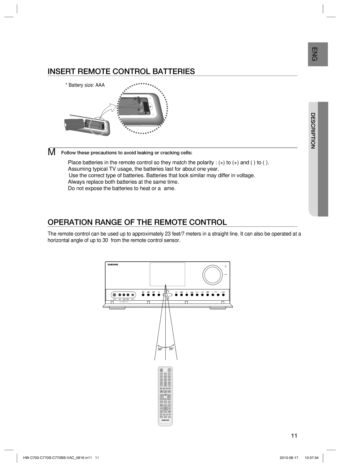 Samsung HW-C770BS, HW-C700B, HW-C770S Insert Remote Control Batteries, Operation Range of the Remote Control 