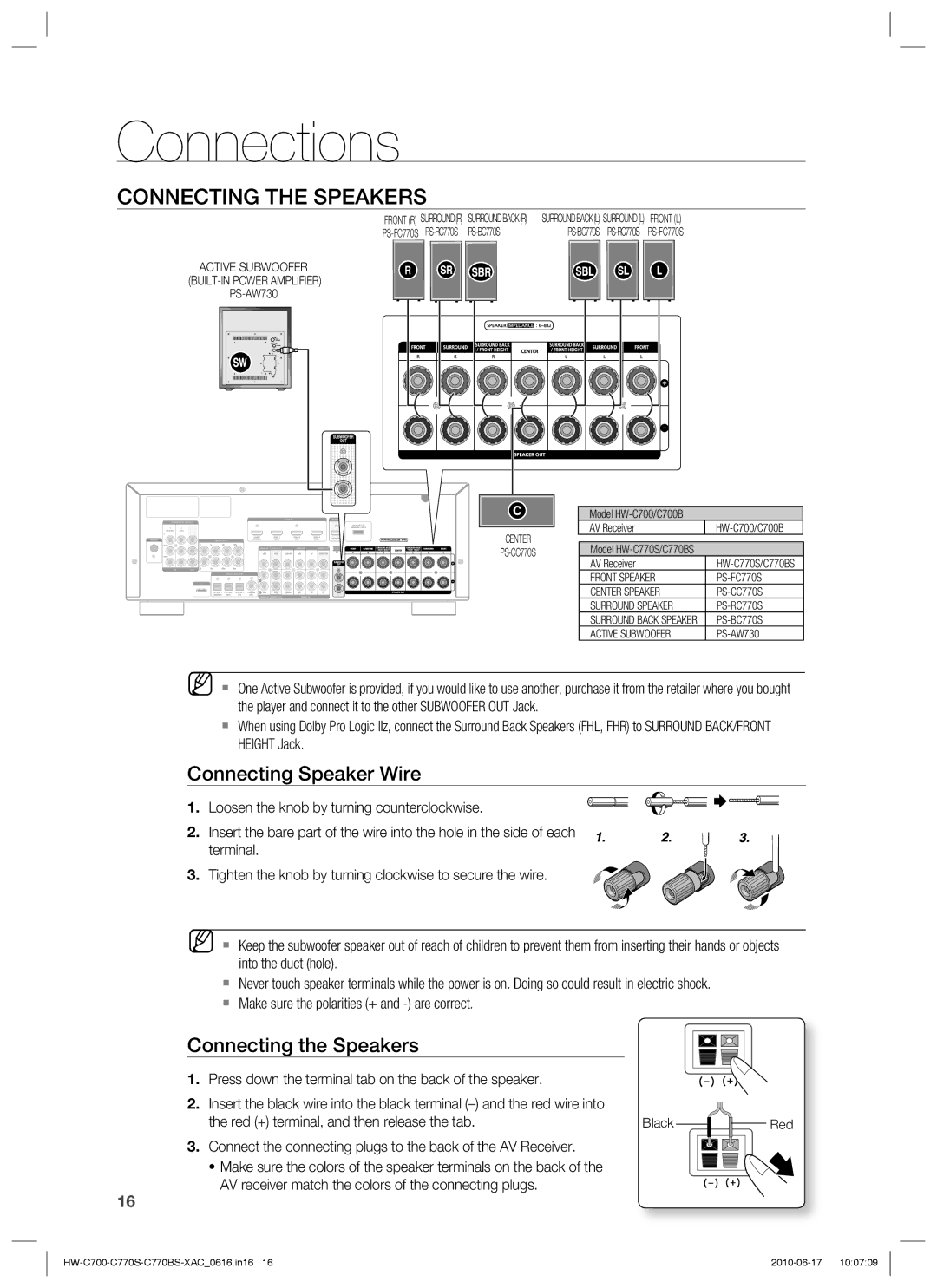 Samsung C770BS-XAC, HW-C770BS, HW-C700B, HW-C770S user manual Connecting the Speakers, Connecting Speaker Wire 