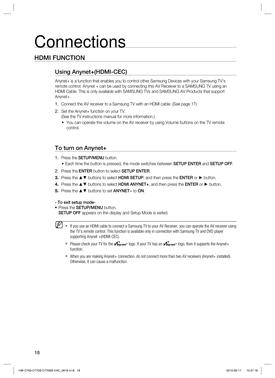 Samsung HW-C770BS, HW-C700B, HW-C770S, C770BS-XAC user manual Hdmi Function, Using Anynet+HDMI-CEC, To turn on Anynet+ 