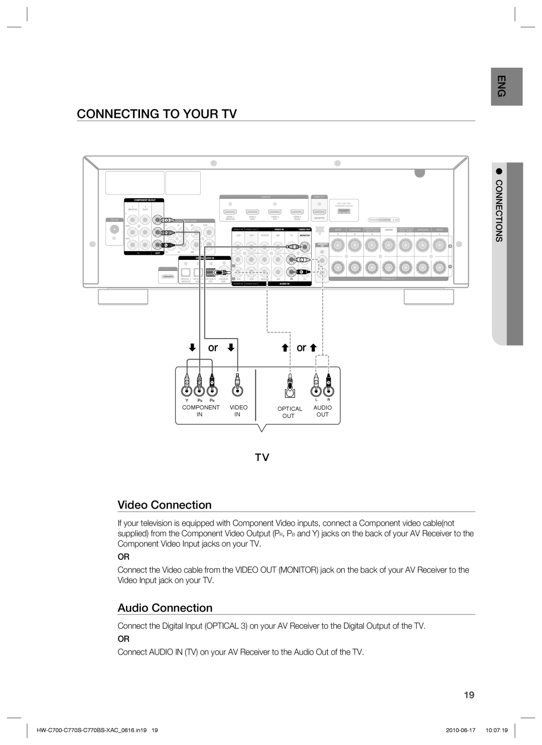 Samsung HW-C770BS, HW-C700B, HW-C770S, C770BS-XAC Connecting to Your TV, Or or, Video Connection, Audio Connection 