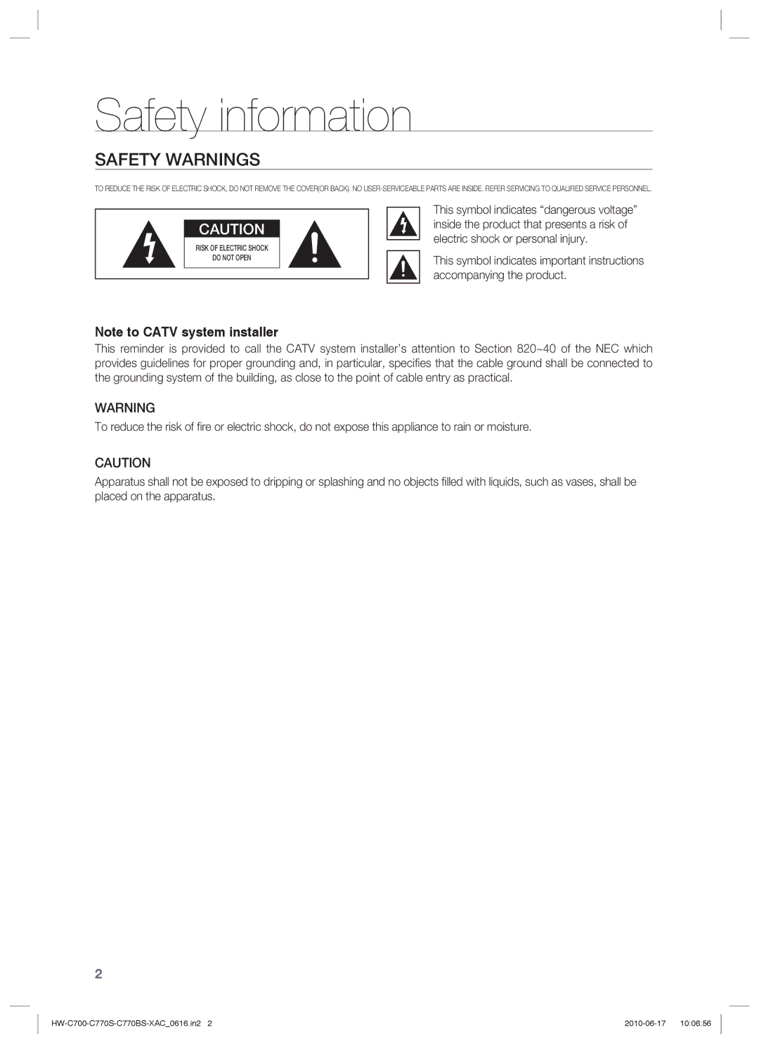 Samsung HW-C700B, HW-C770BS, HW-C770S, C770BS-XAC user manual Safety information, Safety Warnings 