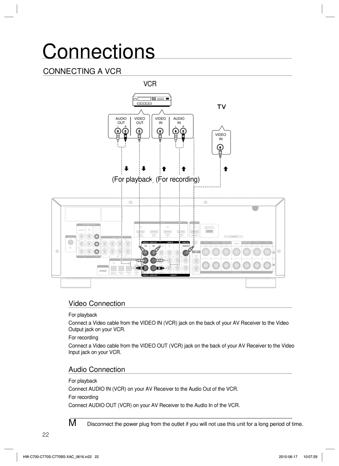 Samsung C770BS-XAC, HW-C770BS, HW-C700B, HW-C770S user manual Connecting a VCR, For playback For recording Video Connection 