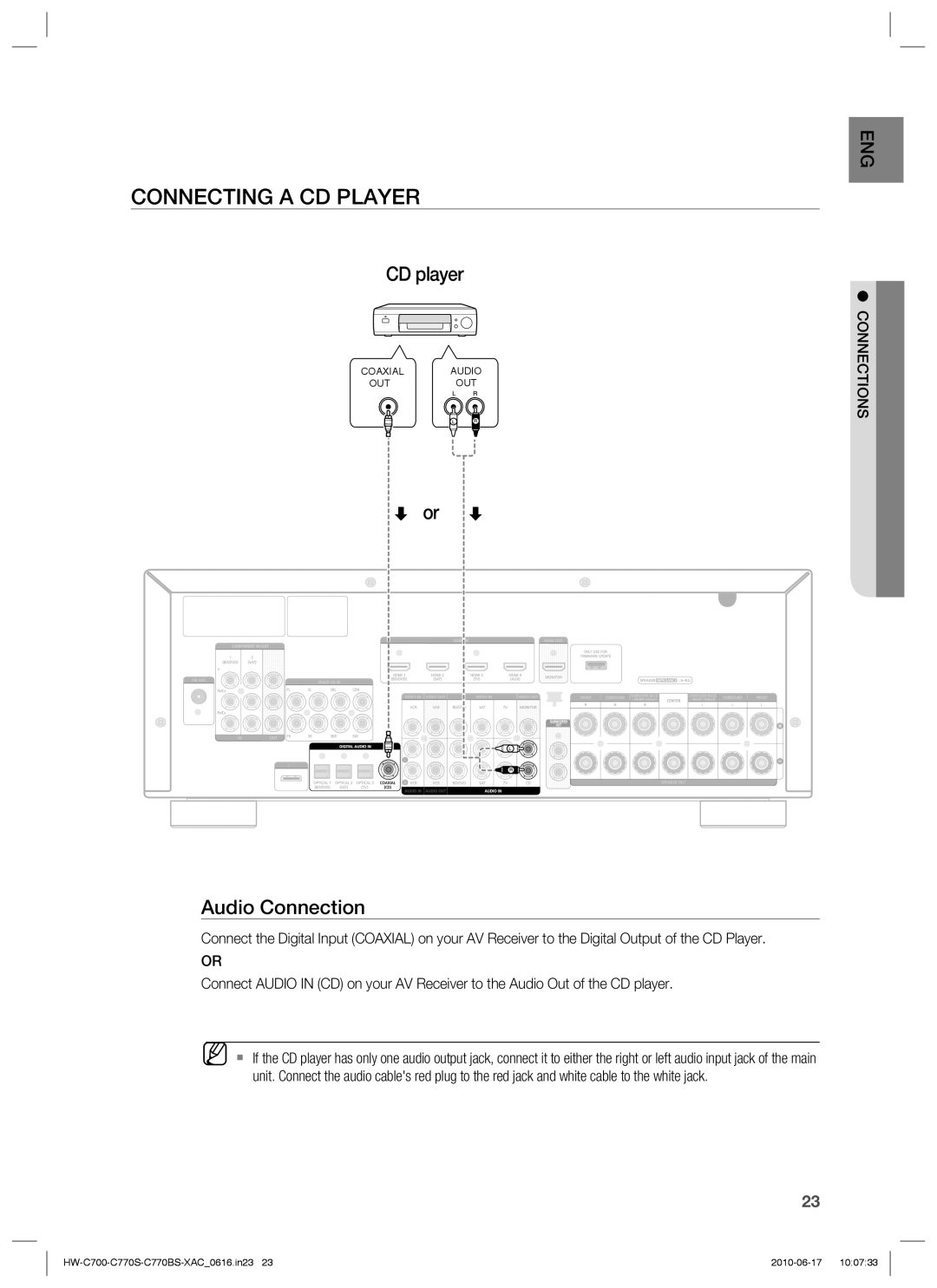 Samsung HW-C770BS, HW-C700B, HW-C770S, C770BS-XAC user manual Connecting a CD Player, CD player 