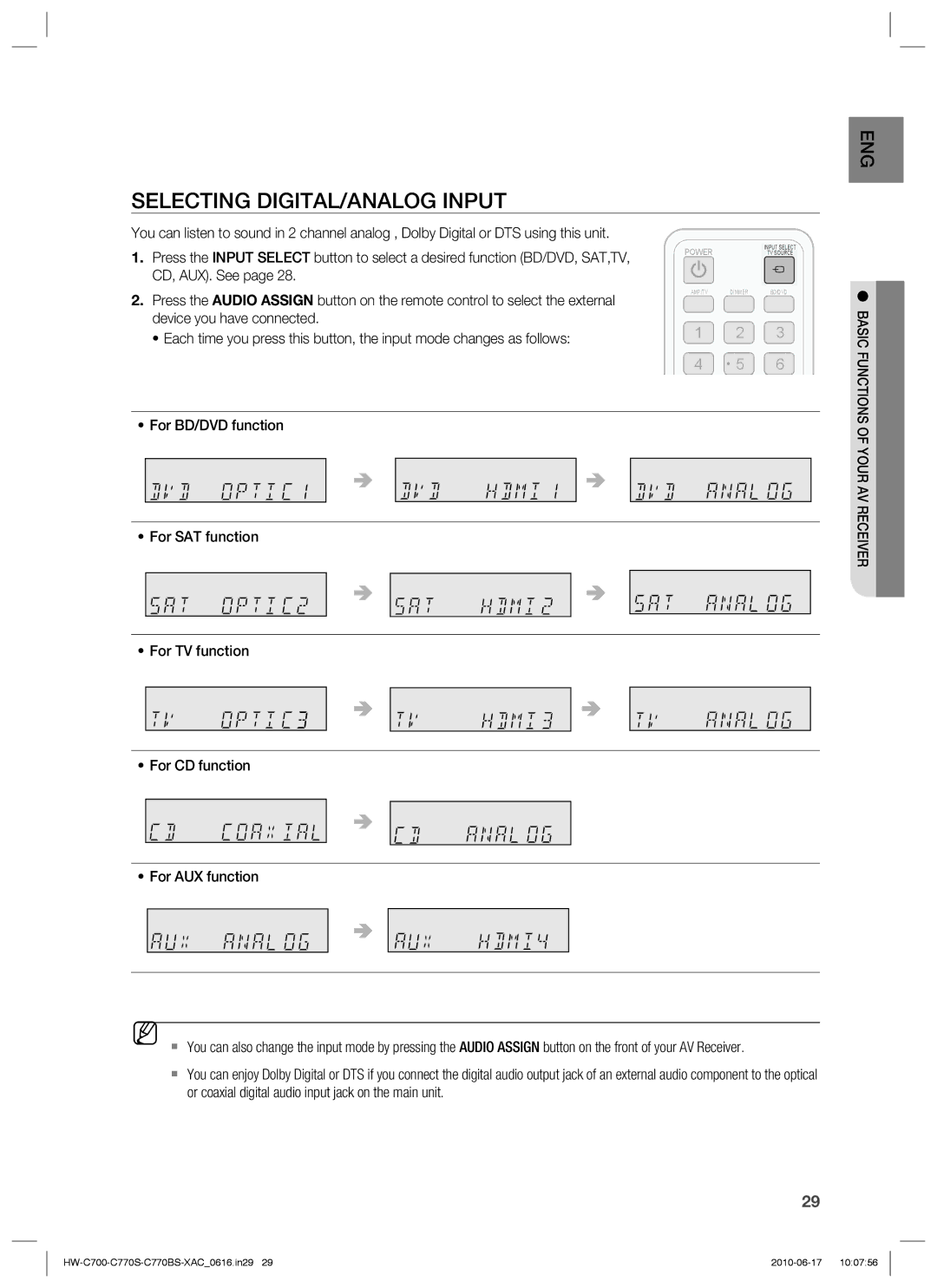 Samsung HW-C770BS, HW-C700B, HW-C770S, C770BS-XAC user manual Selecting DIGITAL/ANALOG Input 