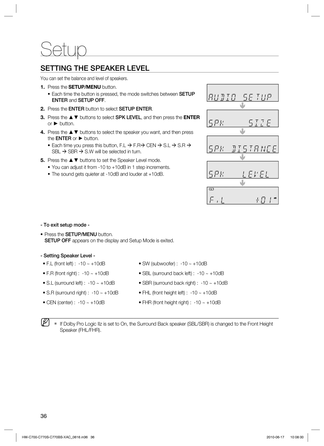 Samsung HW-C770BS, HW-C700B, HW-C770S, C770BS-XAC user manual Setting the Speaker Level 