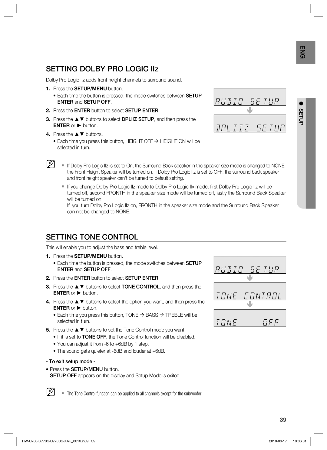 Samsung HW-C770S, HW-C770BS, HW-C700B, C770BS-XAC user manual Setting Dolby PRO Logic IIz, Setting Tone Control 