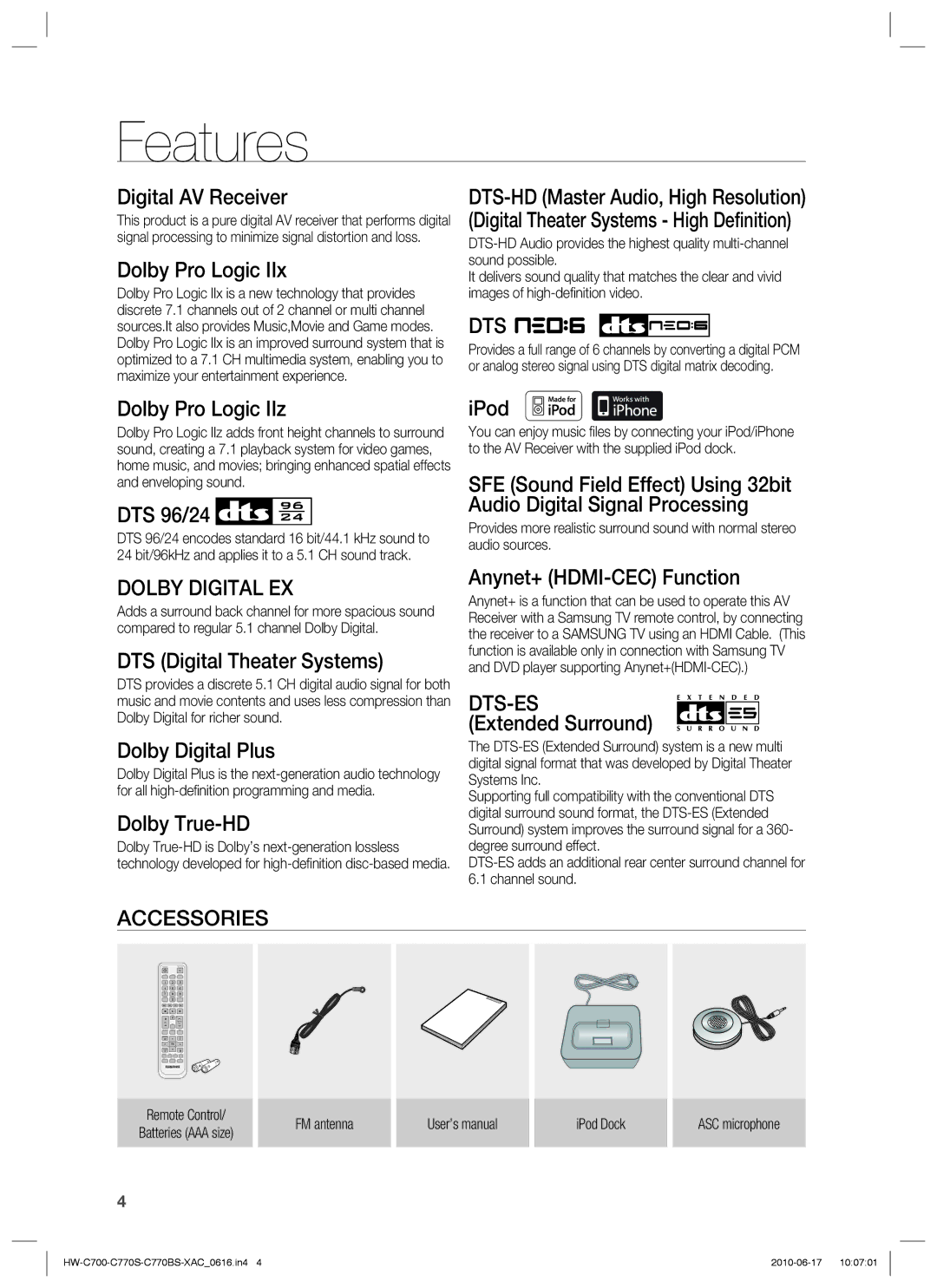 Samsung C770BS-XAC, HW-C770BS, HW-C700B, HW-C770S user manual Features, Dolby Digital EX, Dts-Es, Accessories 