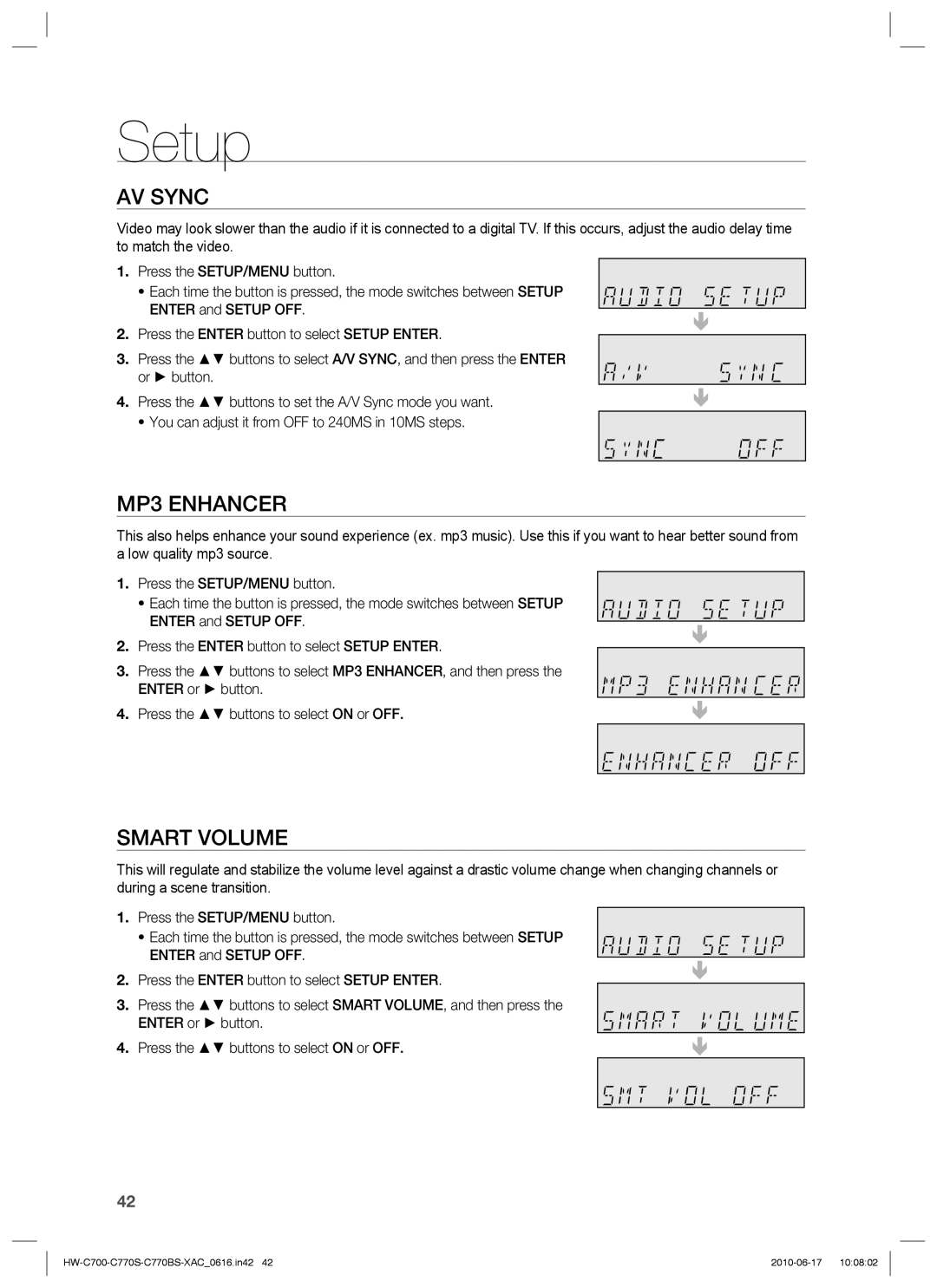 Samsung HW-C770BS, HW-C700B, HW-C770S, C770BS-XAC user manual AV Sync, MP3 Enhancer, Smart Volume 