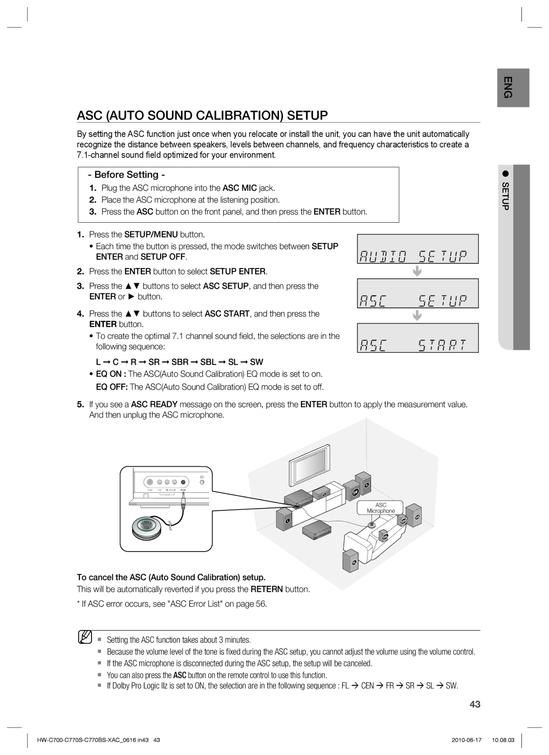 Samsung HW-C770BS, HW-C700B, HW-C770S, C770BS-XAC user manual ASC Auto Sound Calibration Setup, Before Setting 