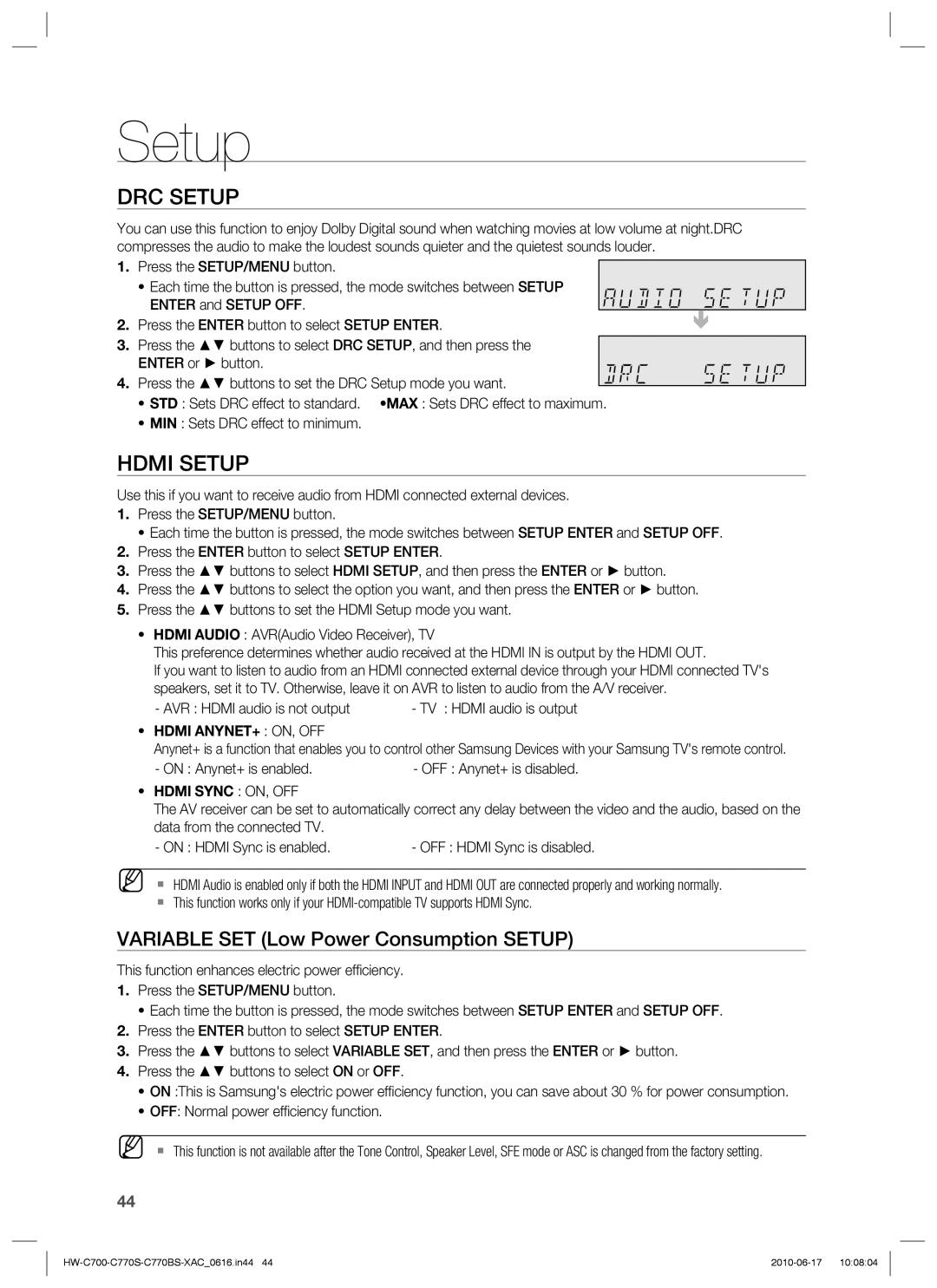 Samsung HW-C700B, HW-C770BS, HW-C770S, C770BS-XAC user manual DRC Setup, Hdmi Setup, Variable SET Low Power Consumption Setup 