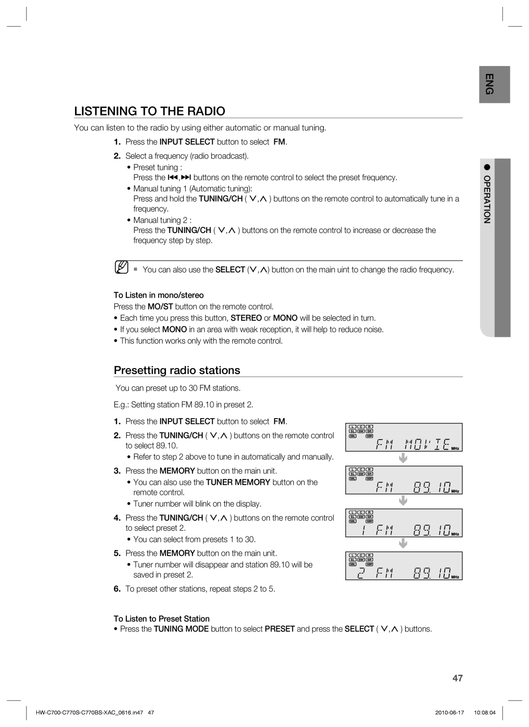 Samsung HW-C770BS, HW-C700B, HW-C770S, C770BS-XAC user manual Listening to the Radio, Presetting radio stations 