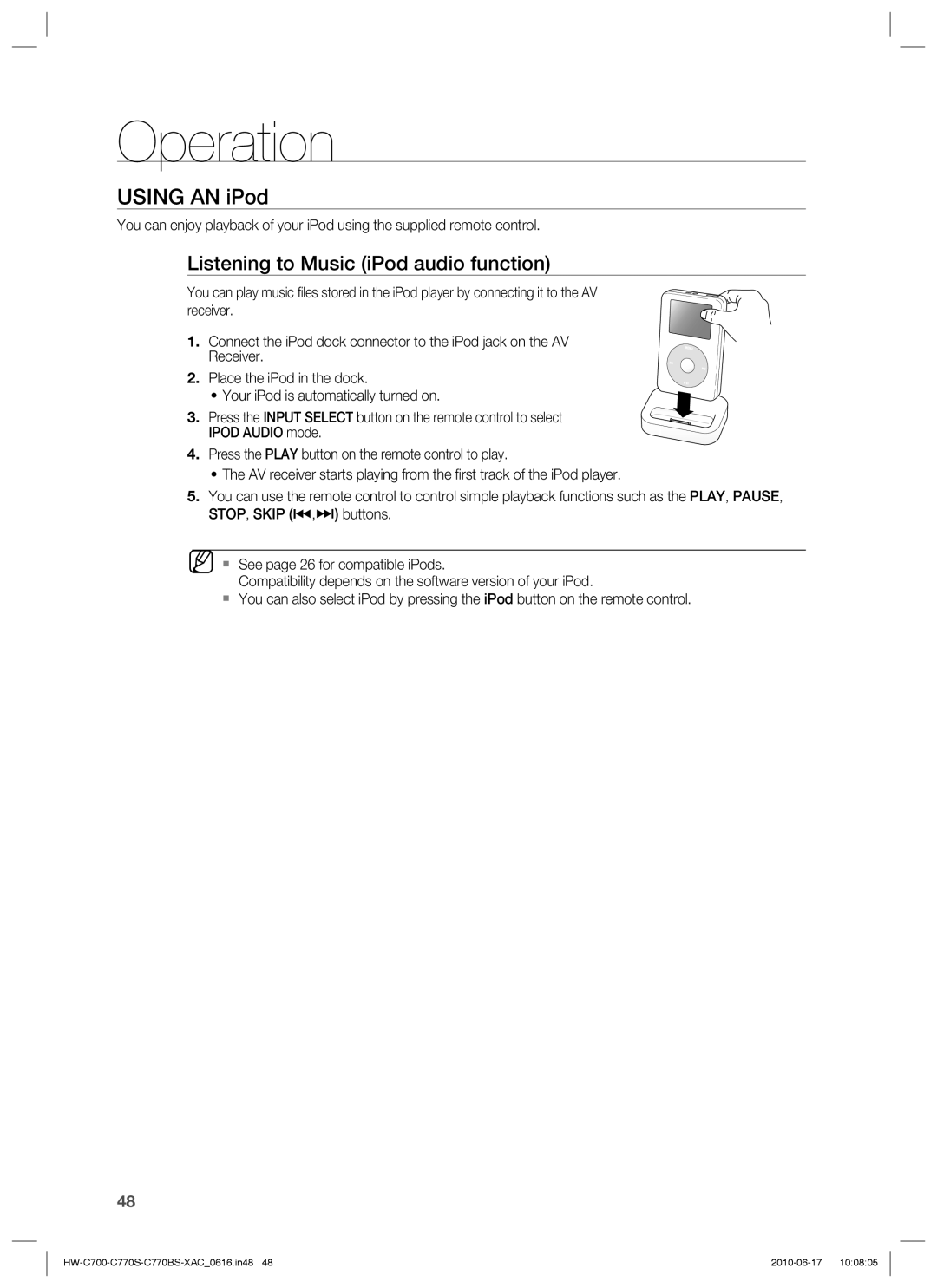 Samsung HW-C770BS, HW-C700B, HW-C770S, C770BS-XAC user manual Using AN iPod, Listening to Music iPod audio function 