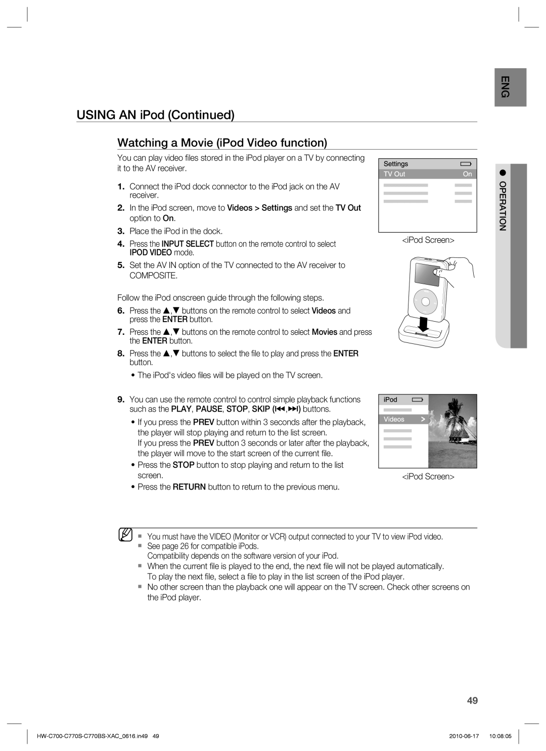 Samsung HW-C770BS, HW-C700B, HW-C770S, C770BS-XAC user manual Watching a Movie iPod Video function, Composite 