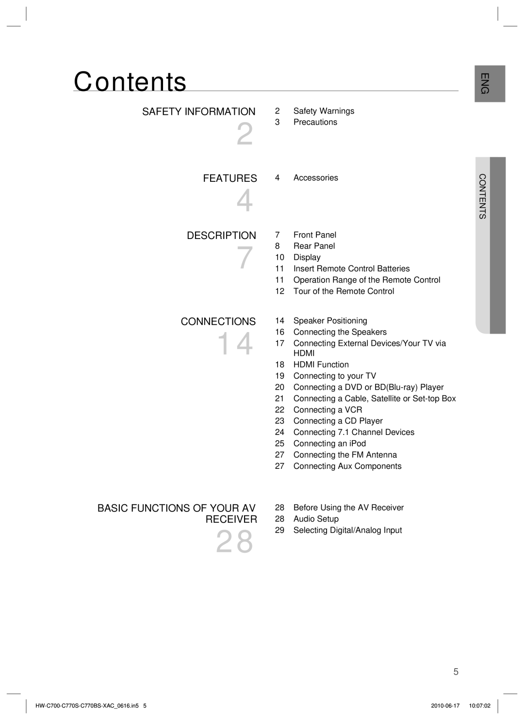 Samsung HW-C770BS, HW-C700B, HW-C770S, C770BS-XAC user manual Contents 