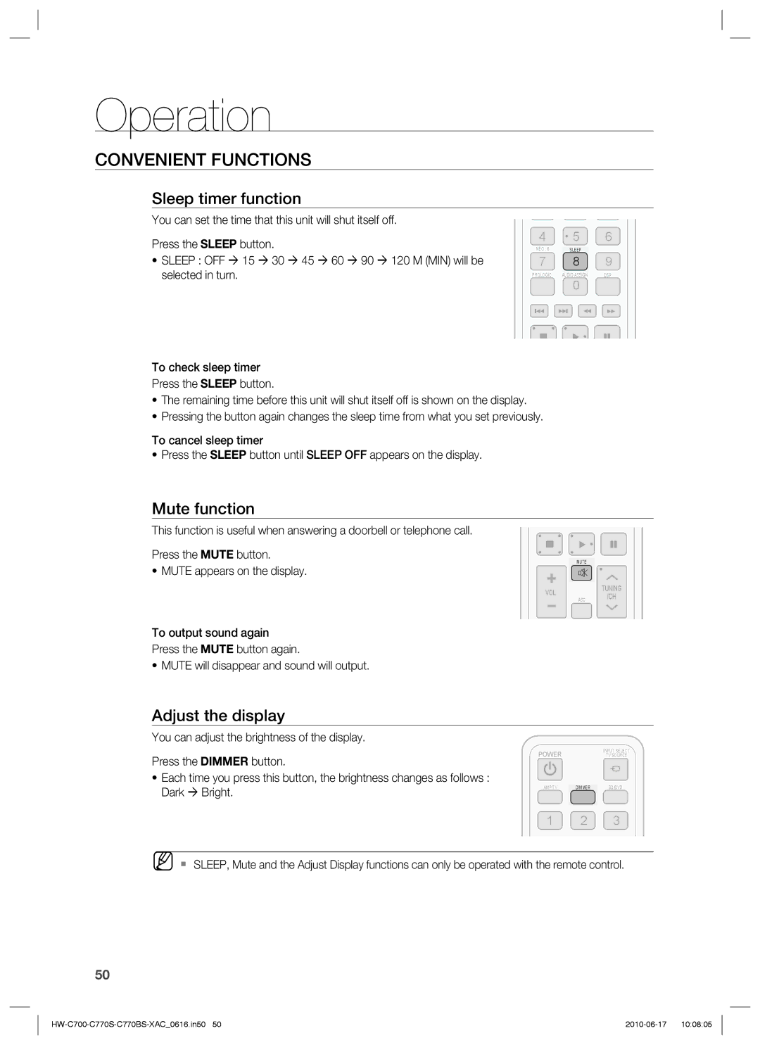 Samsung HW-C700B, HW-C770BS, HW-C770S Convenient Functions, Sleep timer function, Mute function, Adjust the display 